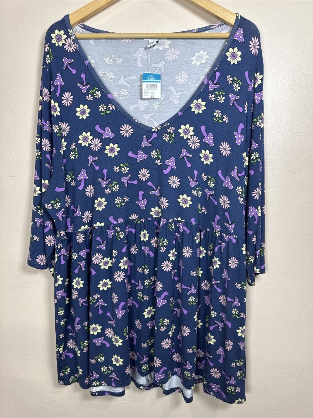 Rue + Womens Plus Size Blouse Top 3X Mushroom Flower Boho Peplum NWT